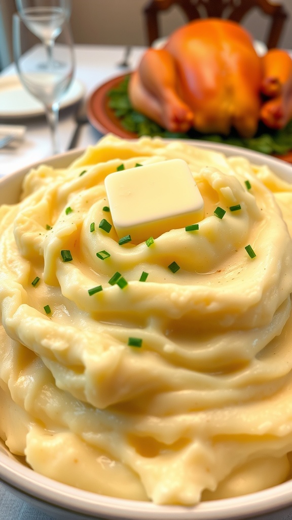 Creamy Garlic Mashed Potatoes A bowl of garlic mashed potatoes with butter and chives on a festive dining table.